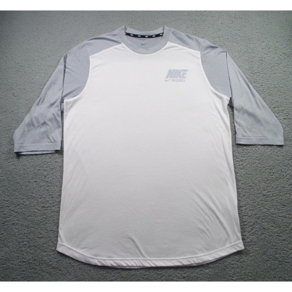 Nike Baseball Shirt Mens Size Large White Gray Short Sleeve Crew Neck Stretch